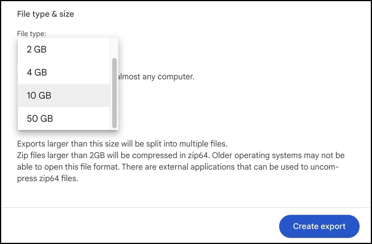 Google Takeout Select Export Size