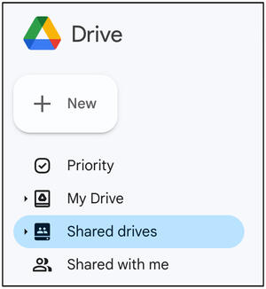 Highlight Shared drives and click + New to create a Shared drive