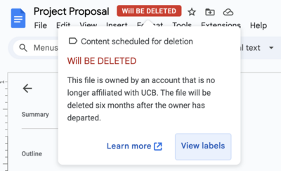 A screenshot with a red button that says will be deleted and a description explaining that the owner is no longer affiliated with the university